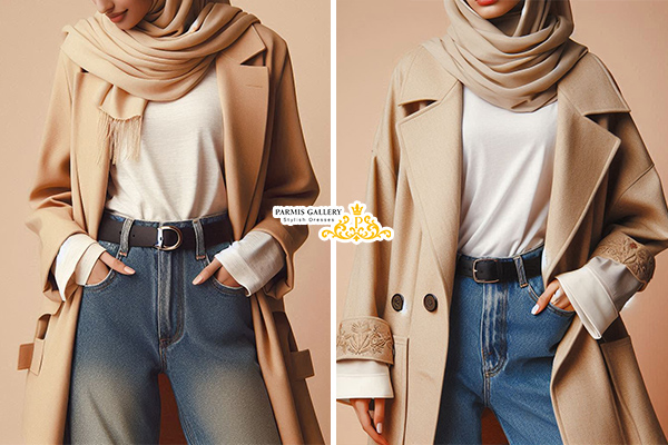 مانتوی جلو باز کوتاه با تیشرت ساده و شلوار جین جذب