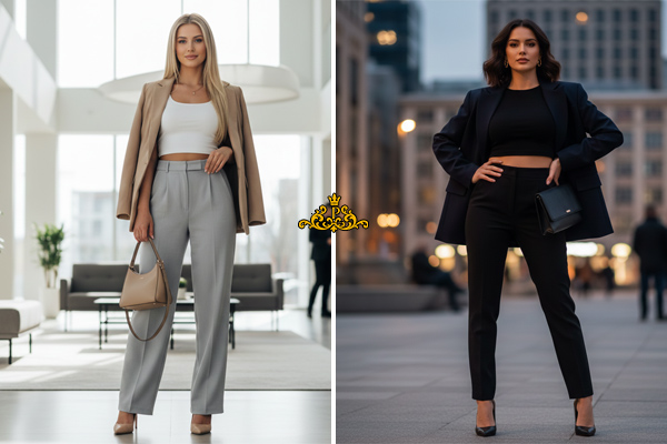 ترکیب کراپ تاپ با شلوار پارچه‌ای و کت شیک