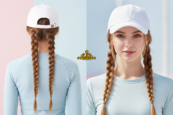 بستن موی بلند زیر کلاه کپ به شکل موهای بافته‌شده‌ی دوبل