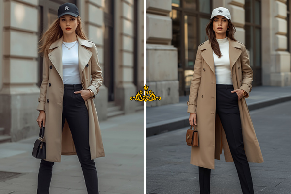ست کردن کلاه کپ با ترنچ کت زنانه