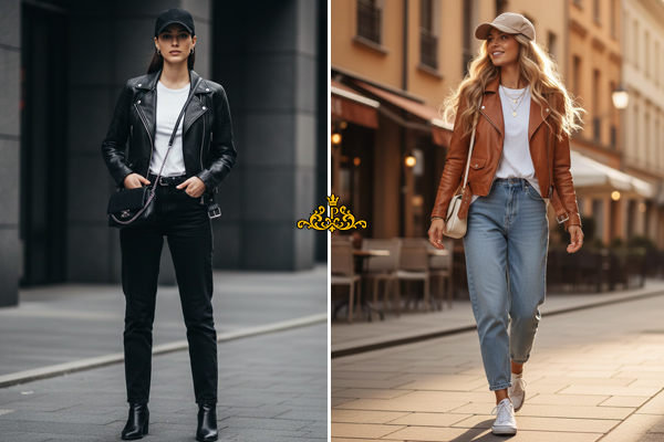 ست کردن کلاه کپ دخترانه با کت چرم