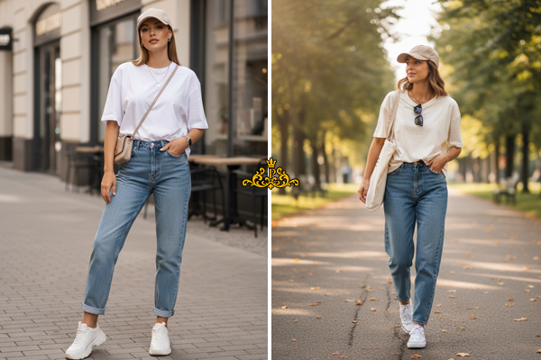 ست کردن کلاه کپ با تیشرت باکسی و شلوار جین